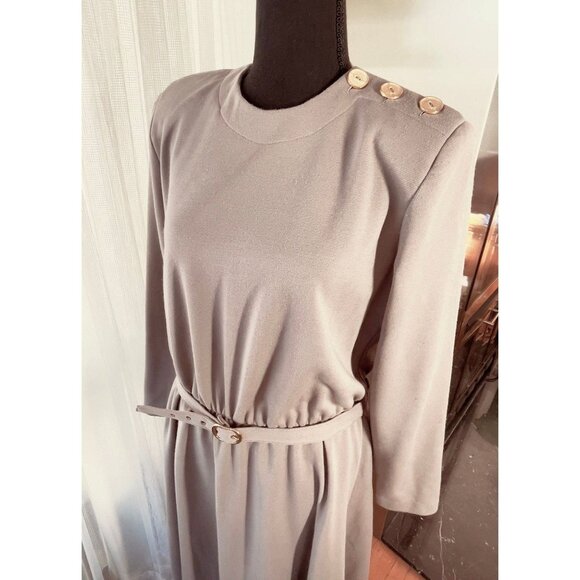 Vintage 1980s dress, grey/beige, long sleeves, a-line silhouette, office wear - Picture 2 of 9